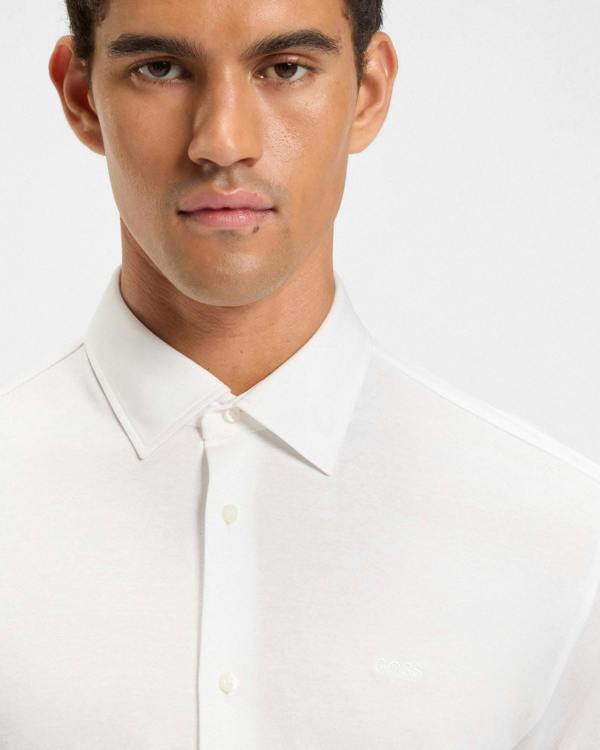 BOSS Orange Mysoft Mens Slim-Fit Shirt in Melange Cotton Jersey - White 100 | CHO | Designer Mens Long Sleeve Shirts