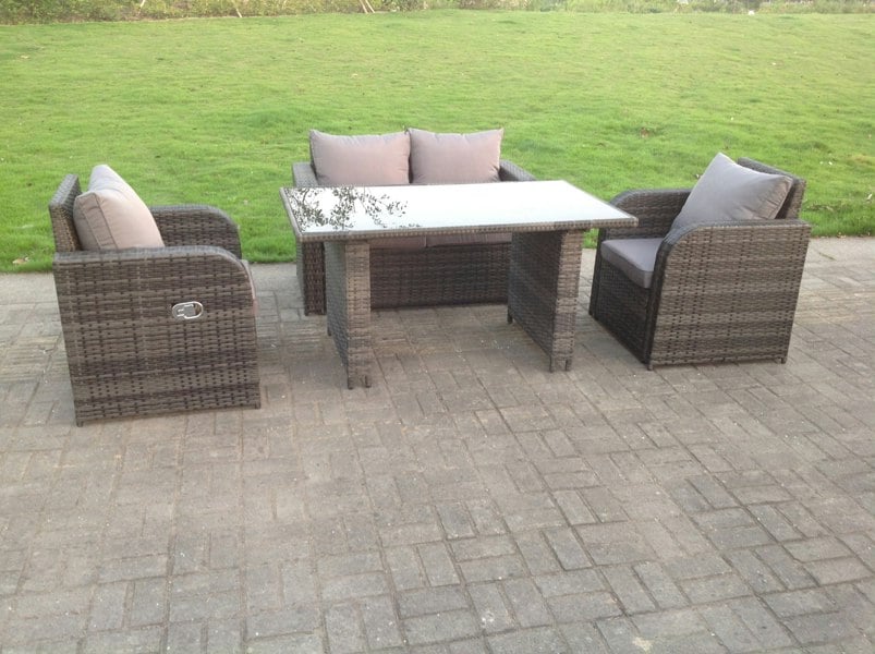 Fimous Rattan Garden Furniture Set Adjustable Chair Double Love Seat 2 Seater Sofa Oblong Rectangular Black Glass Dining Table