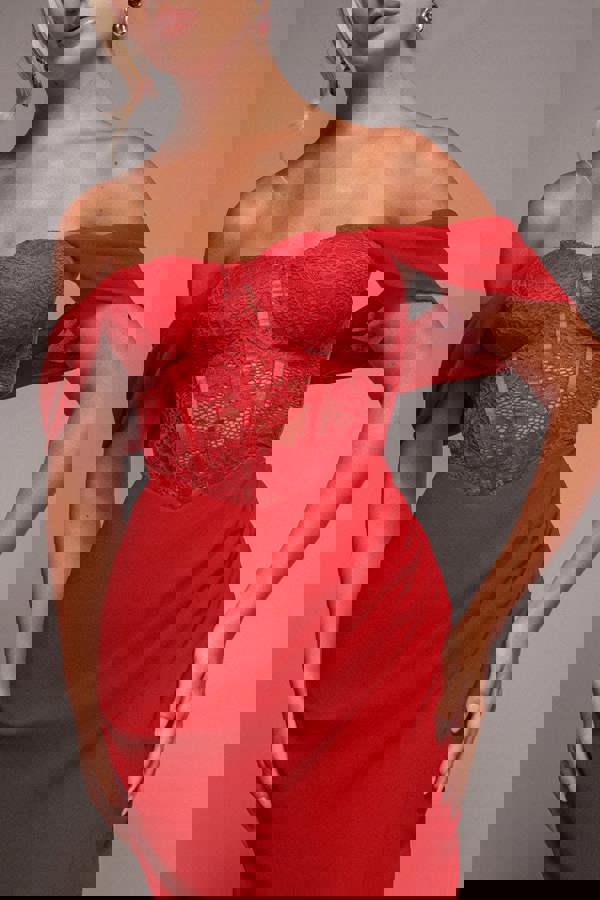 Scalloped Lace & Chiffon Winged Corset Bodice Maxi Dress - Red DR4397