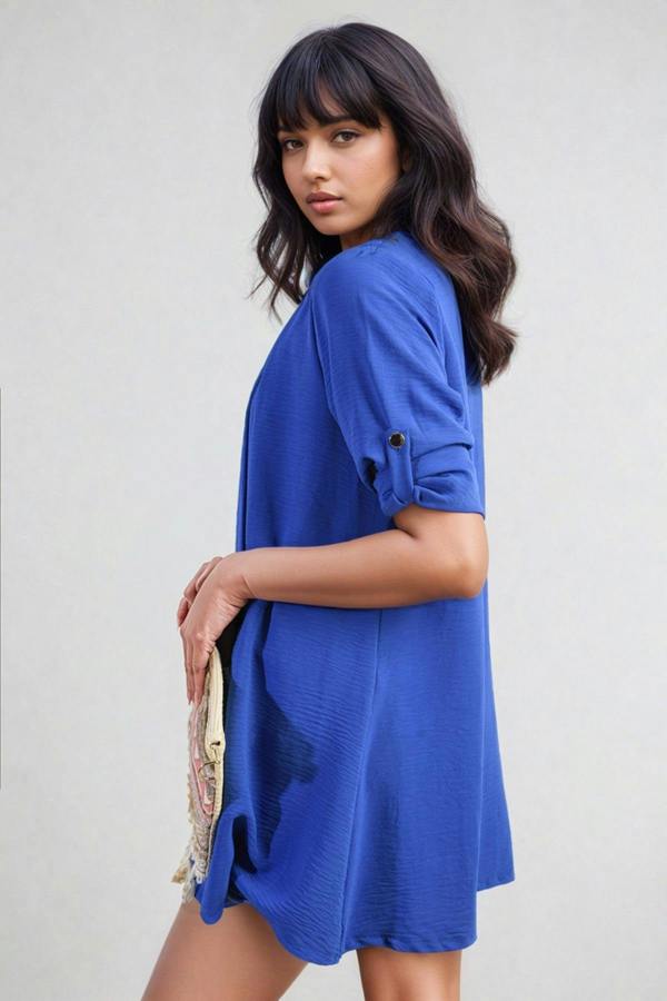 Vivian Open Front Roll Up Sleeve Cardigan - Royal