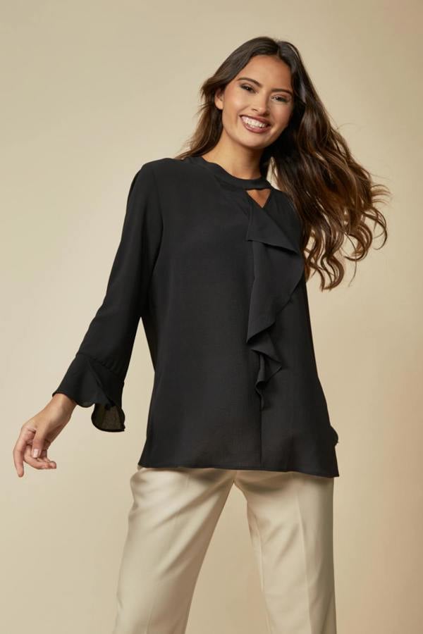 Hoxton Gal Black Oversized Top Ruffle Front Relaxed Fit Blouse