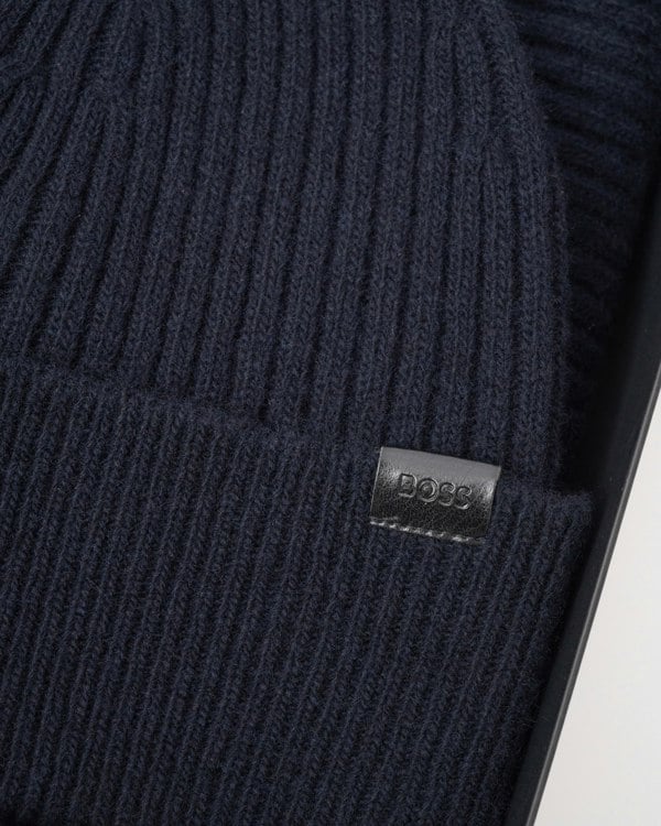 BOSS Orange Uboldi Scarf & Beanie Set - Dark Blue 404 logo detail