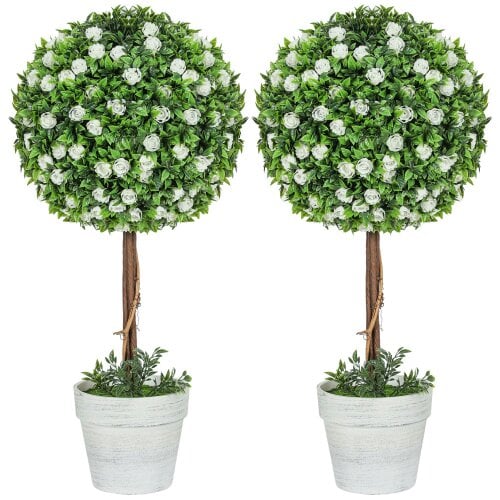 Wyld Haus Rahafi Set Of 2 Artificial Rose Flower Topiary Ball Trees In Pots H8 60cm White