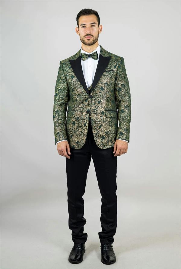 Infinity Leather Men's 4 Piece Green Paisley Wedding Suit Tailor Fit