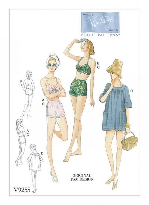 Vogue Sewing Pattern 9255, Swimwear, Tops, Vintage Style for Women, A5 (6-8-10-12-14) - Intermediate