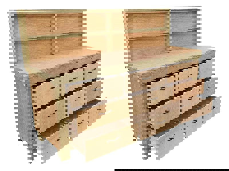 Wooden eucalyptus Top Workbench – Sturdy Tool Cabinet with Multiple Drawers for Organized Storage and Back Panel, Ideal for Dry Indoor Spaces Such as Garages, Workshops, and Studios