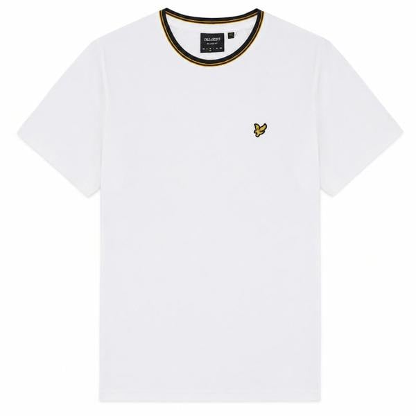 Lyle & Scott white relaxed fit T-shirt with black and yellow tipped crew neck and signature golden eagle logo.