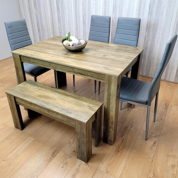 Kosy Koala Wooden Dining Table Set for 6 Rustic Effect Table With 4 Grey Leather Chairs and 1 Bench