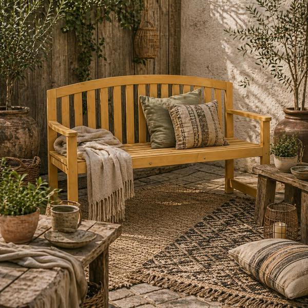 Wyld Haus Tola 143cm Natural Wood 2 Seater Garden Bench With Armrests Slatted Frame