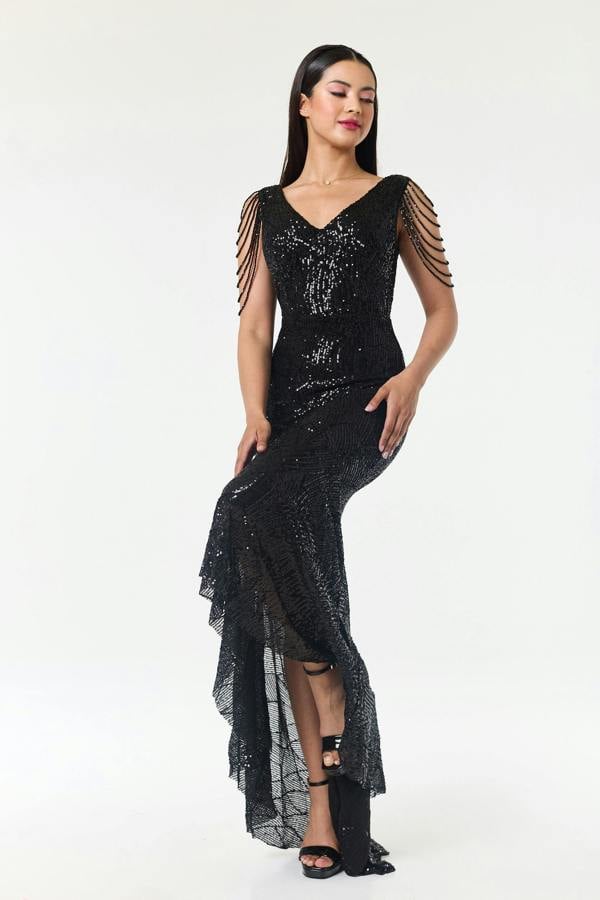 LuvForever Black Jewelled Hi-Lo Sequin Dress