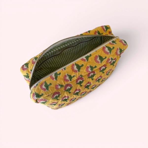 Hayley & Co XL Toiletry Bag - Quilted Cotton Large Wash Bag in Yellow Flower Block Print