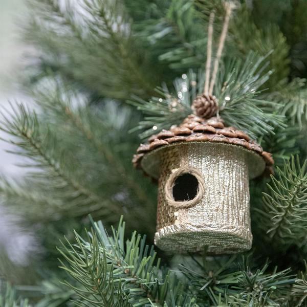 10x11cm Gold Sequin Birdhouse Christmas Hanging Decorations, Set of 3 with Jute Woodland Detail image 2