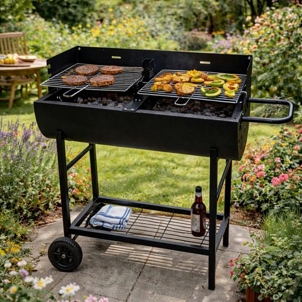 Gr8 Garden Charcoal BBQ Grill Half Barrel Dual Zone Garden Trolley Barbecue Adjustable Height Outdoor Cooker