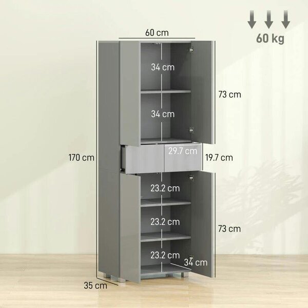 Storage Cabinet, Kitchen Cupboard with 3 Adjustable Shelves, 60L x 35W x 170H cm, High Gloss Grey