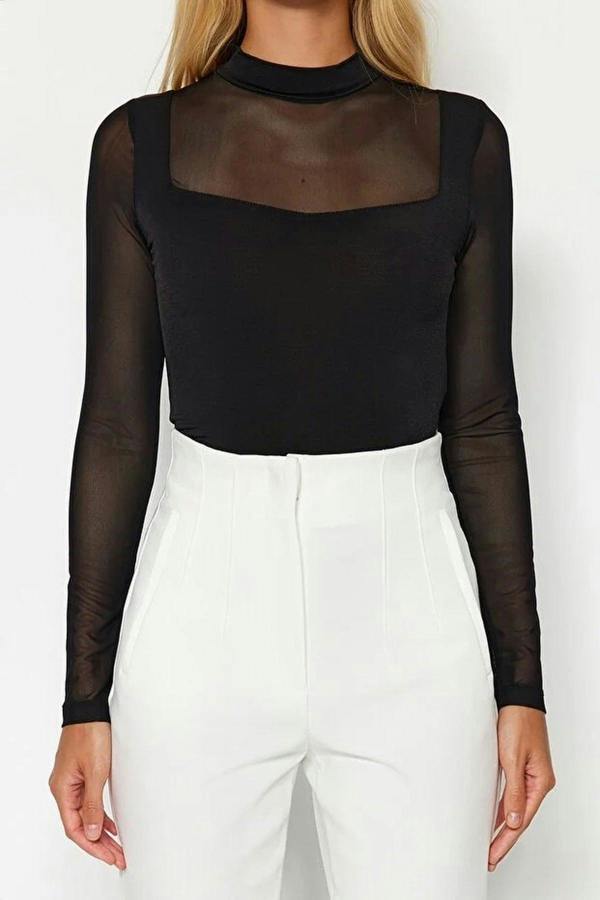 WOVCOR Tulle Detailed Stand-Up Collar Knit Bodysuit