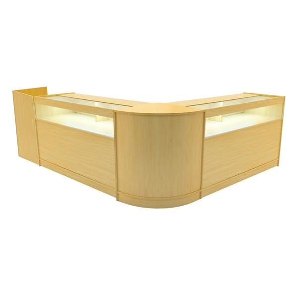 Luna LED Shop Counter Set in maple finish features a modern design with curved edges, glass display sections, and integrated lighting