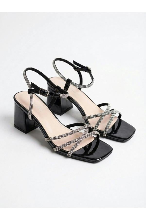 Willow Rhinestone Block Heel Sandals - Black
