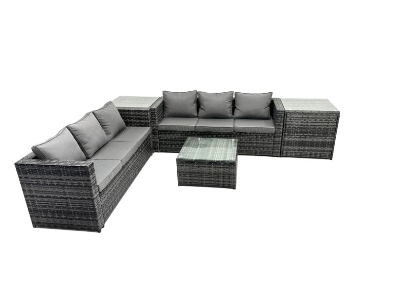 Fimous Outdoor Rattan Garden Furniture Set 6 Seater Patio Lounge Sofa Set with Square Coffee Table 2 Side Table Dark Grey Mixed