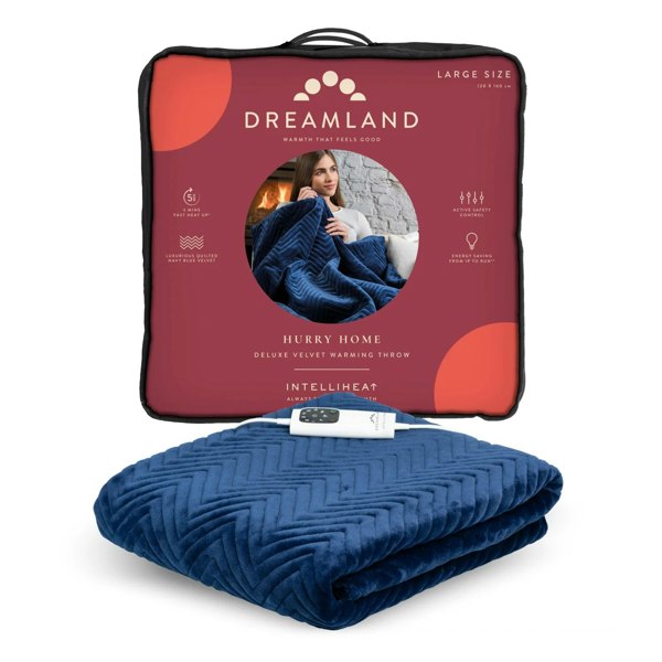 Dreamland Hurry Home Velvet Heated Throw Electric Blanket - Navy Blue Herringbone - 160cm x 120cm