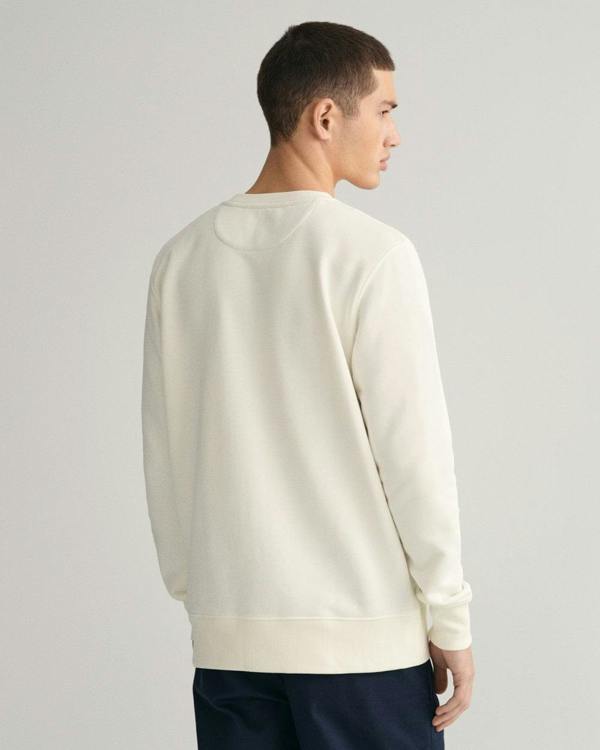 GANT Mens Regular Fit Shield Logo Crew Neck Sweatshirt - 113 Eggshell - CHO - Designer Mens Sweatshirts