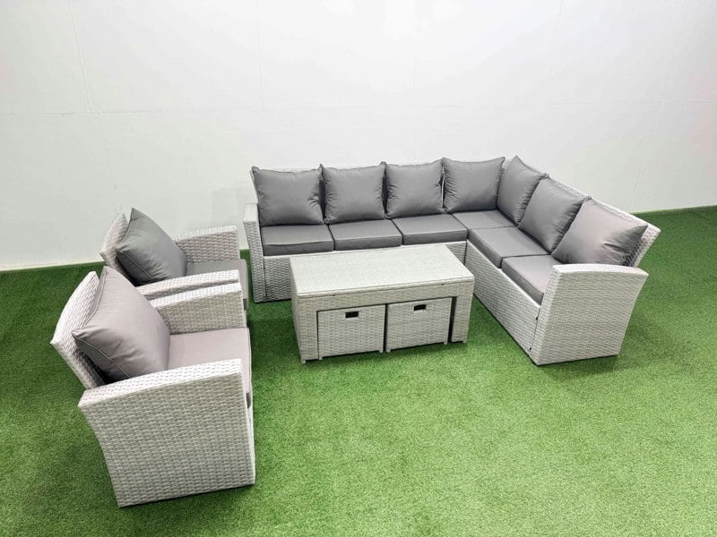 Fimous Rattan Garden Furniture Set 7 Pieces Outdoor Garden Sofa Oblong Coffee Table Set with 2 Chairs 2 Small Footstools Light Grey Mixed