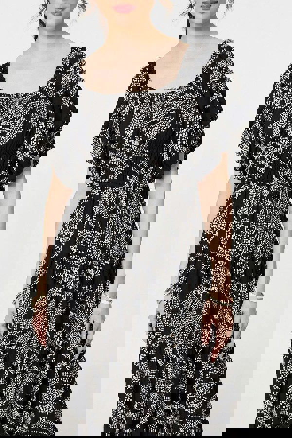 Black | Leaf Print Puff 1/2 Sleeve Midi Dress
