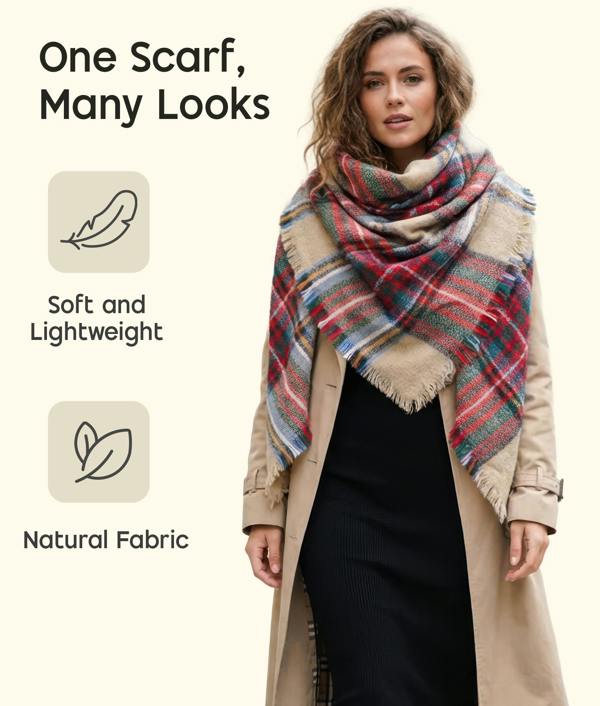 VIA MONTEN Women’s Vintage Plaid Scarf, Oversized Winter Scarf Wrap with Fringe, Soft Large Shawl for Cold Weather Styling