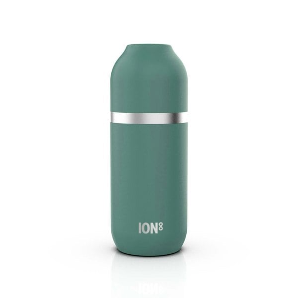 Green water bottle standing upright featuring a silver band around the middle with the text ION8 at the bottom against a plain white background