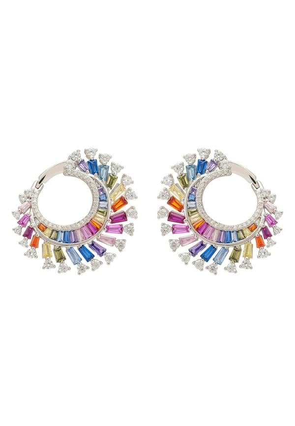 Multicolored hoop earrings on a white background