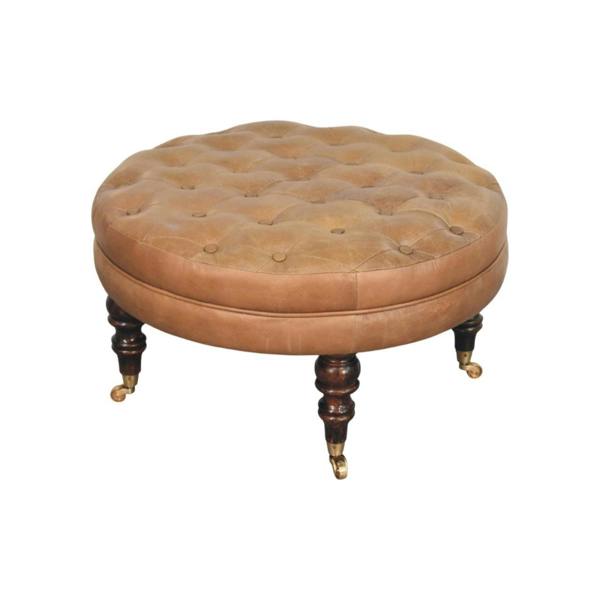 Artisan Furniture Solid Wood Brown Buffalo Leather Round Ottoman with Castor Legs