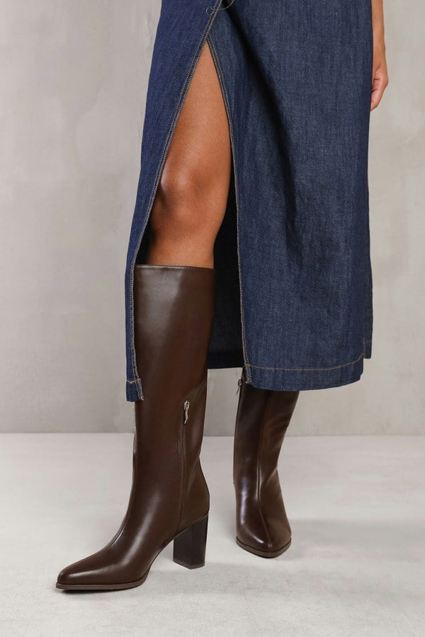 Where's That From Elder Block Heel Knee High Boots With Side Zip in Dark Brown Faux Leather