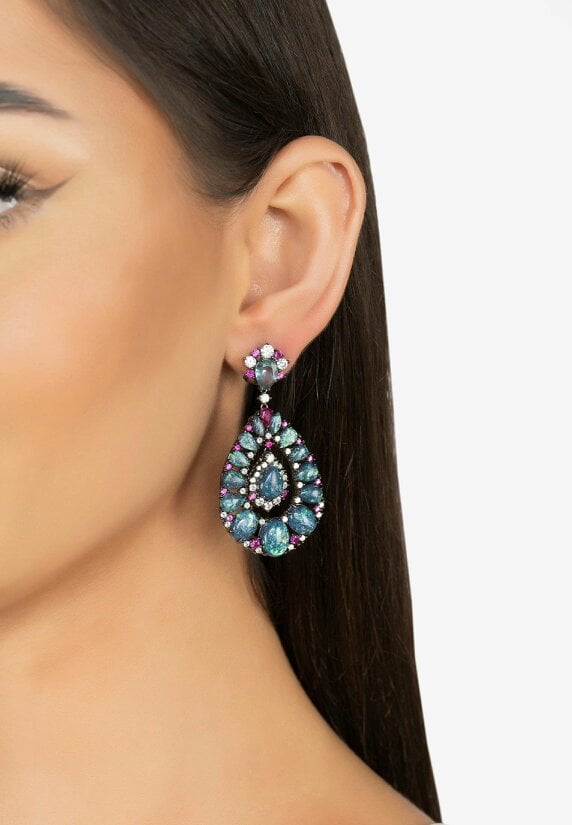 Latelita Paloma Green Opal Drop Earrings Oxidised