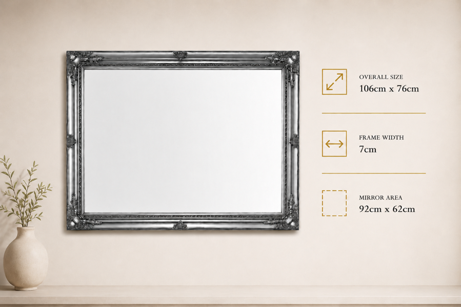 Downton Interiors Antique Silver Extra Large Wood Frame Wall Mirror 106cm x 75cm