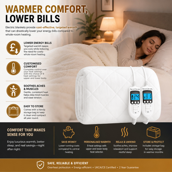 Sweet Dreams Electric Blanket King Size - Plush Fleece Quilted - 10 Timer & 9 Heat Settings - Overheat Protection