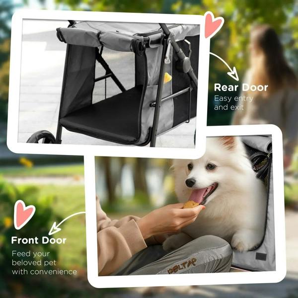 Grey dog stroller with front and rear entry doors for easy pet access