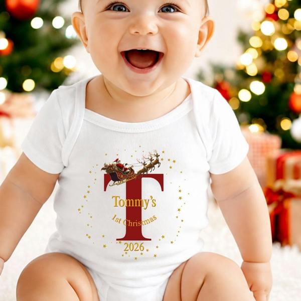 Personalised 1st Christmas Santa Sleigh with Initial - Baby Grow, Vest or Bib with Name