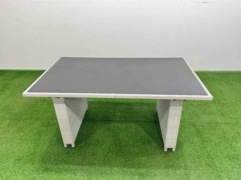 Fimous Rattan Garden Furniture Dining Set 8 seater Patio Rectangular Table Sofa Set with 2 Side Tables 2 Big Stools Light Grey