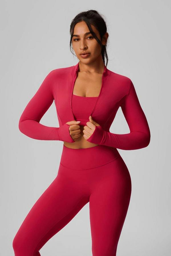 Anniou Zip Thumbhole Crop Yoga Jacket - pink