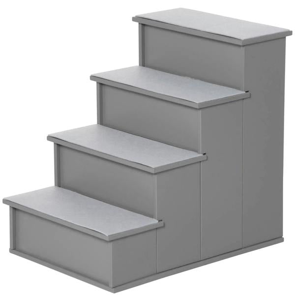 Grey 4-step pet stairs with three wide steps and soft carpet treads