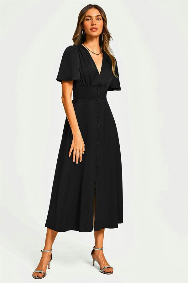 FS Collection Satin V neckline Button Detail Dress In Black