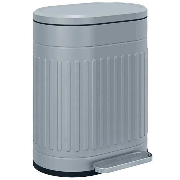 Grey metal kitchen pedal bin with closed lid and ribbed body