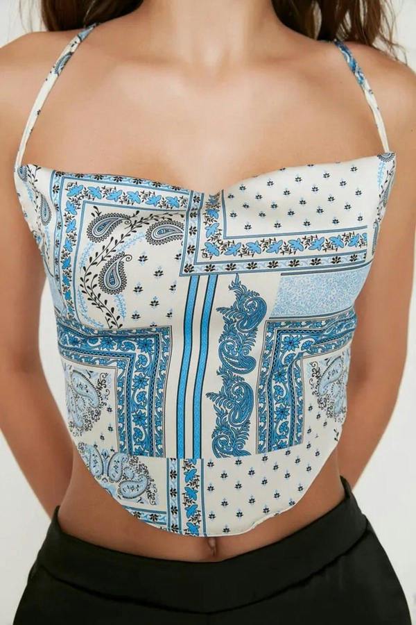 Degaje Neck Tie Back Crop Woven Blouse