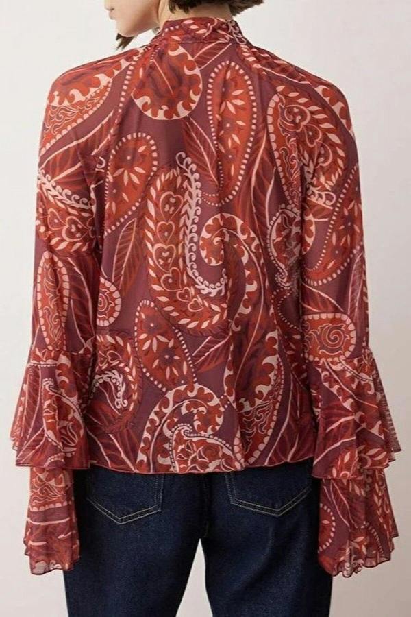 WOVCOR Patterned Ruffled Tulle Stretch Knit Blouse with Scarf Detail