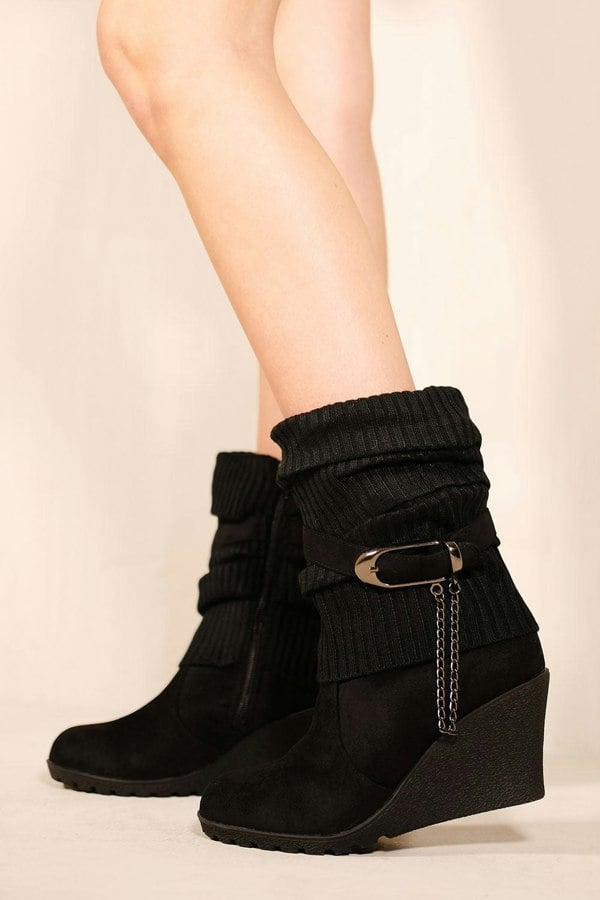 Where's That From Bryony Wedge Heel Slouchy Ankle Boots With Knitted Collar in Black Faux Suede