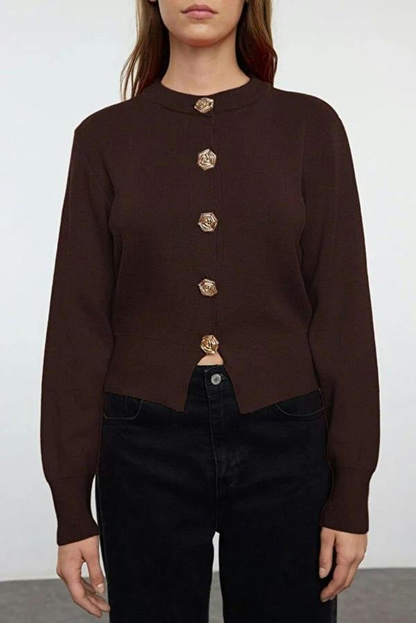 WOVCOR Premium Yarn Crop Knit Cardigan with Rose Button Detail