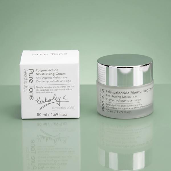 Pure Tone Aesthetics Polynucleotide Moisturising Cream jar and gift box on a reflective soft green surface