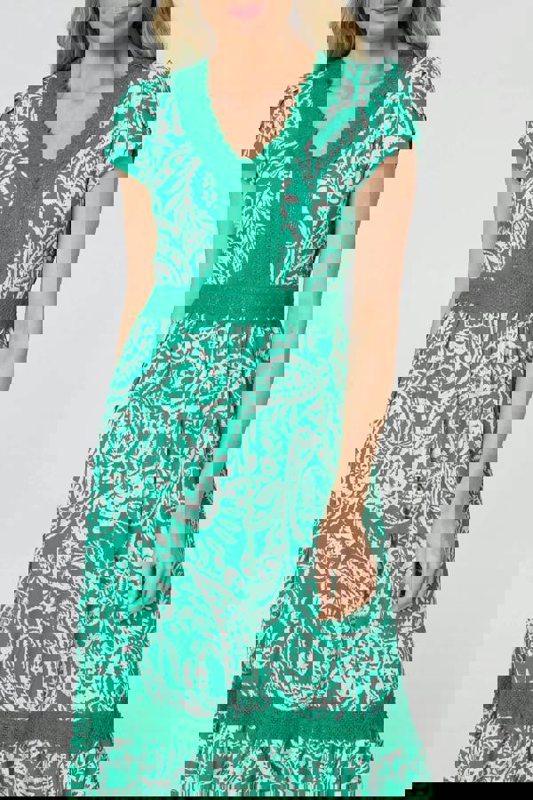 Green | Printed Lace Trim Tiered Midi Dress