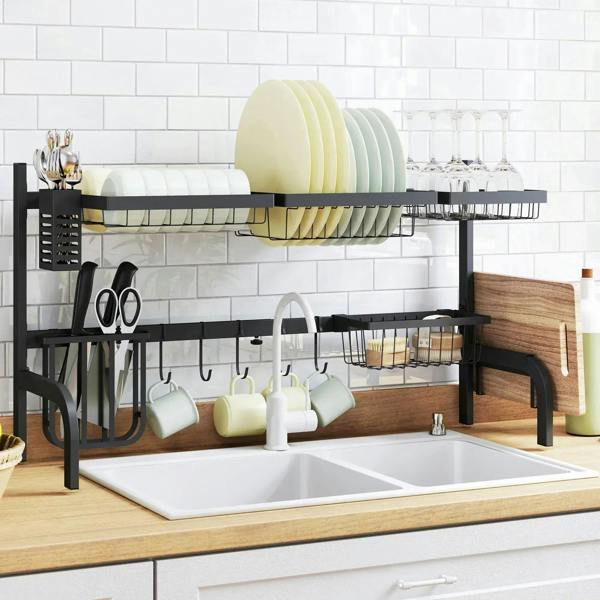 Black 2-tier over-sink dish drainer rack with draining rails and utensil hooks