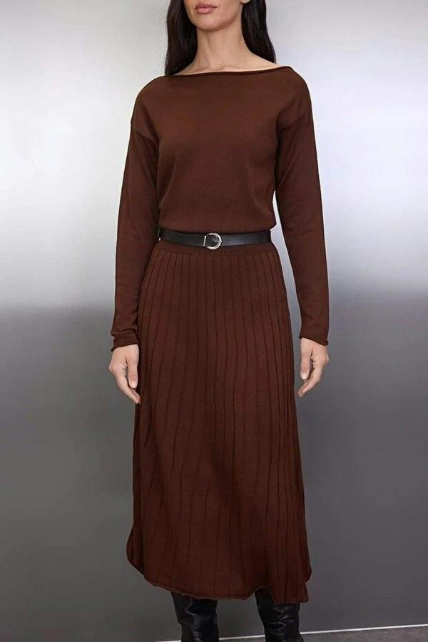 WOVCOR A-line Boat Neck Maxi Knit Belted Long Dress