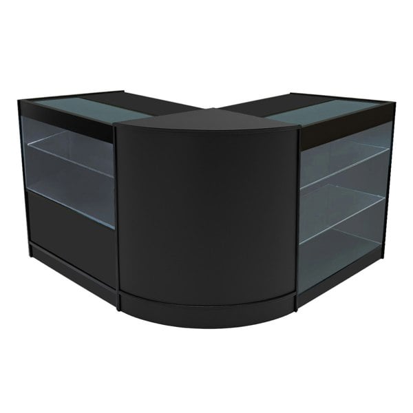 Hera LED Shop Counter Set in sleek black features a modern design with glass display shelves and a curved shape for stylish retail presentation